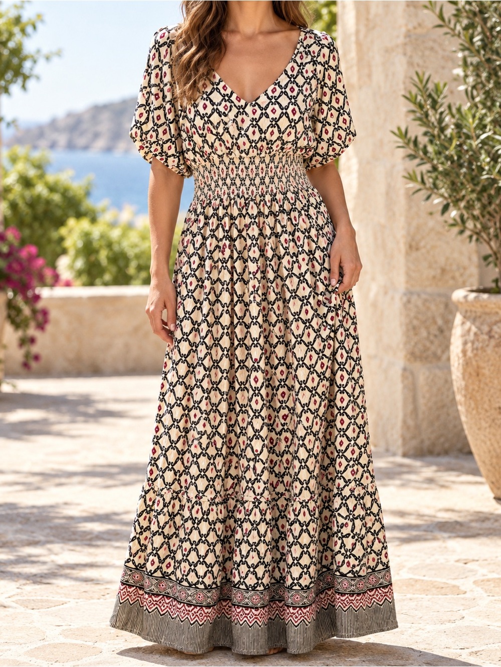 NWT En/Kay Boho Smocked Maxi Dress Size M Black Maroon